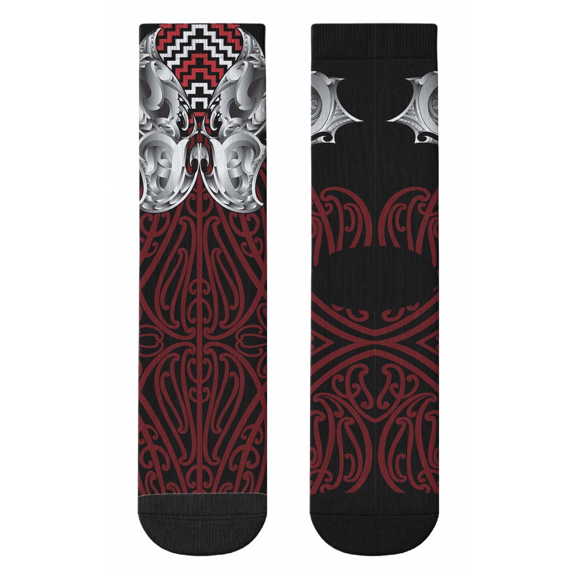 Aotearoa Kowhaiwhai Poutama Red Motif Crew Socks LT9 - Polynesian Pride