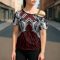 Aotearoa Kowhaiwhai Poutama Red Motif Cross Shoulder Shirt LT9 - Polynesian Pride