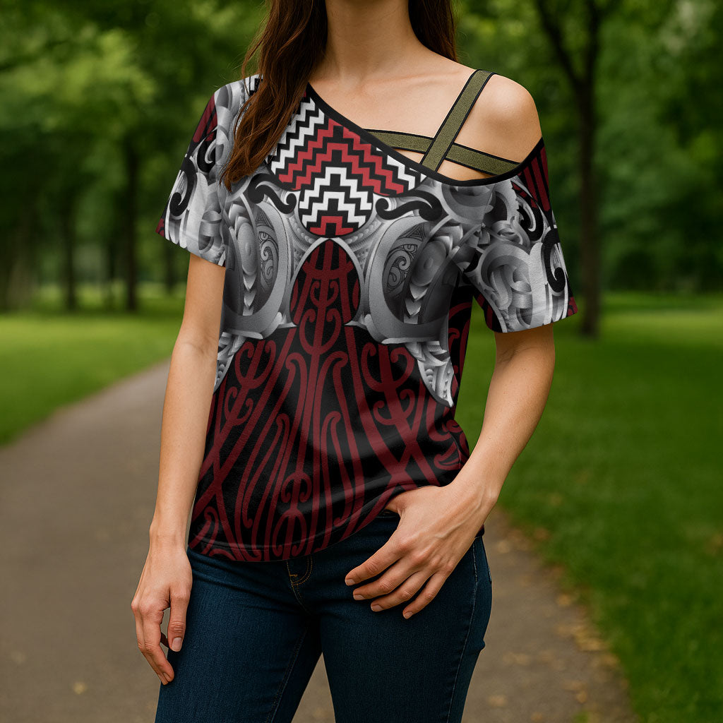 Aotearoa Kowhaiwhai Poutama Red Motif Cross Shoulder Shirt LT9 - Polynesian Pride