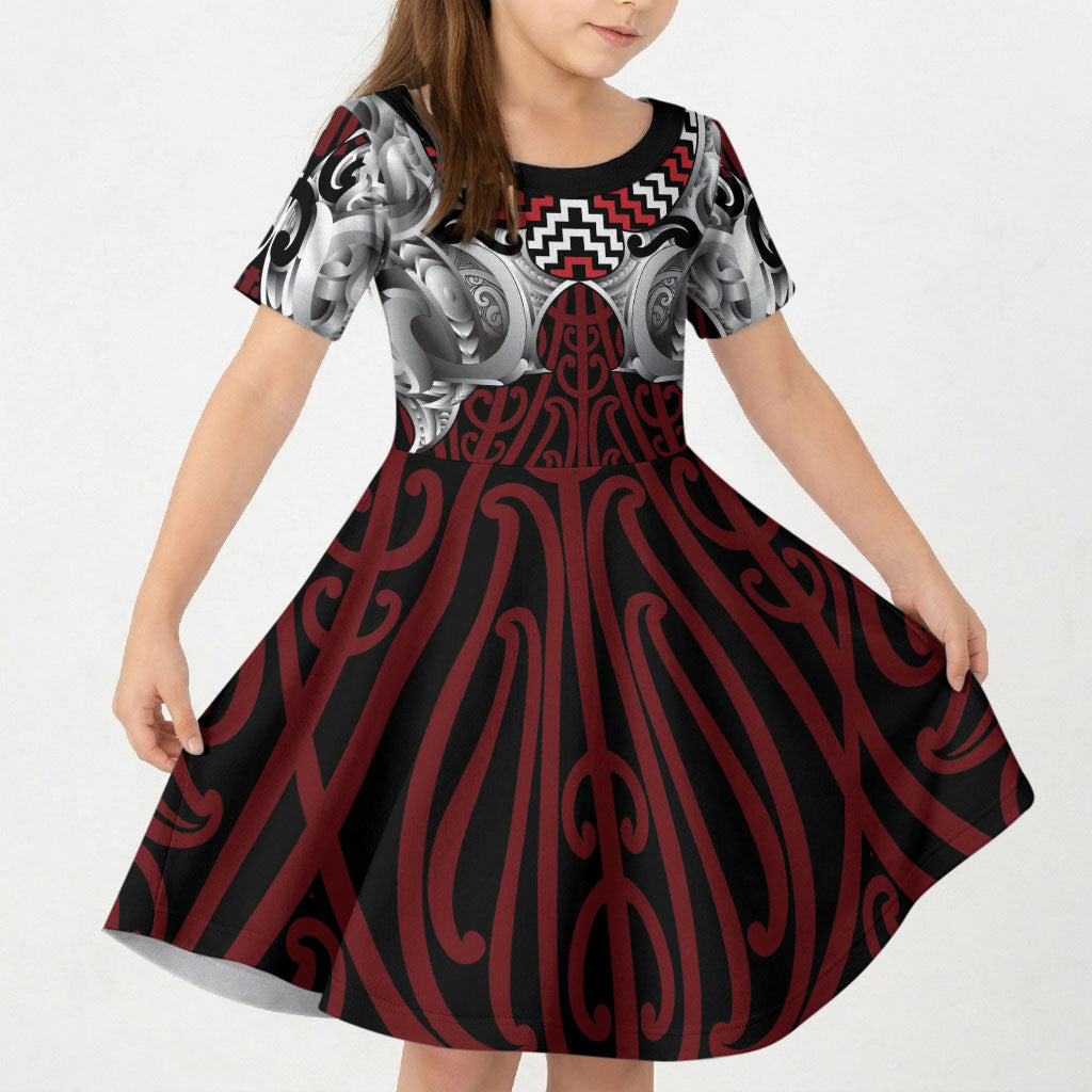 Aotearoa Kowhaiwhai Poutama Red Motif Kid Short Sleeve Dress LT9 KID Red - Polynesian Pride