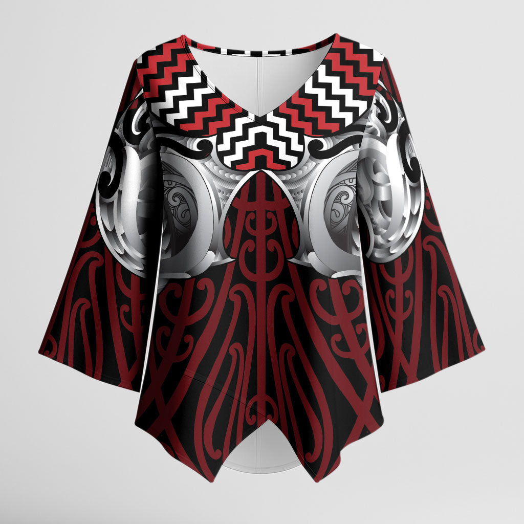Aotearoa Kowhaiwhai Poutama Red Motif Kimono Sleeve Blouse LT9 Female Red - Polynesian Pride