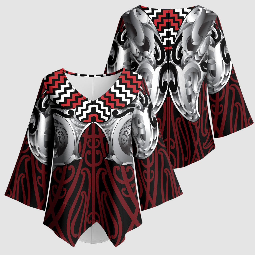 Aotearoa Kowhaiwhai Poutama Red Motif Kimono Sleeve Blouse LT9 - Polynesian Pride