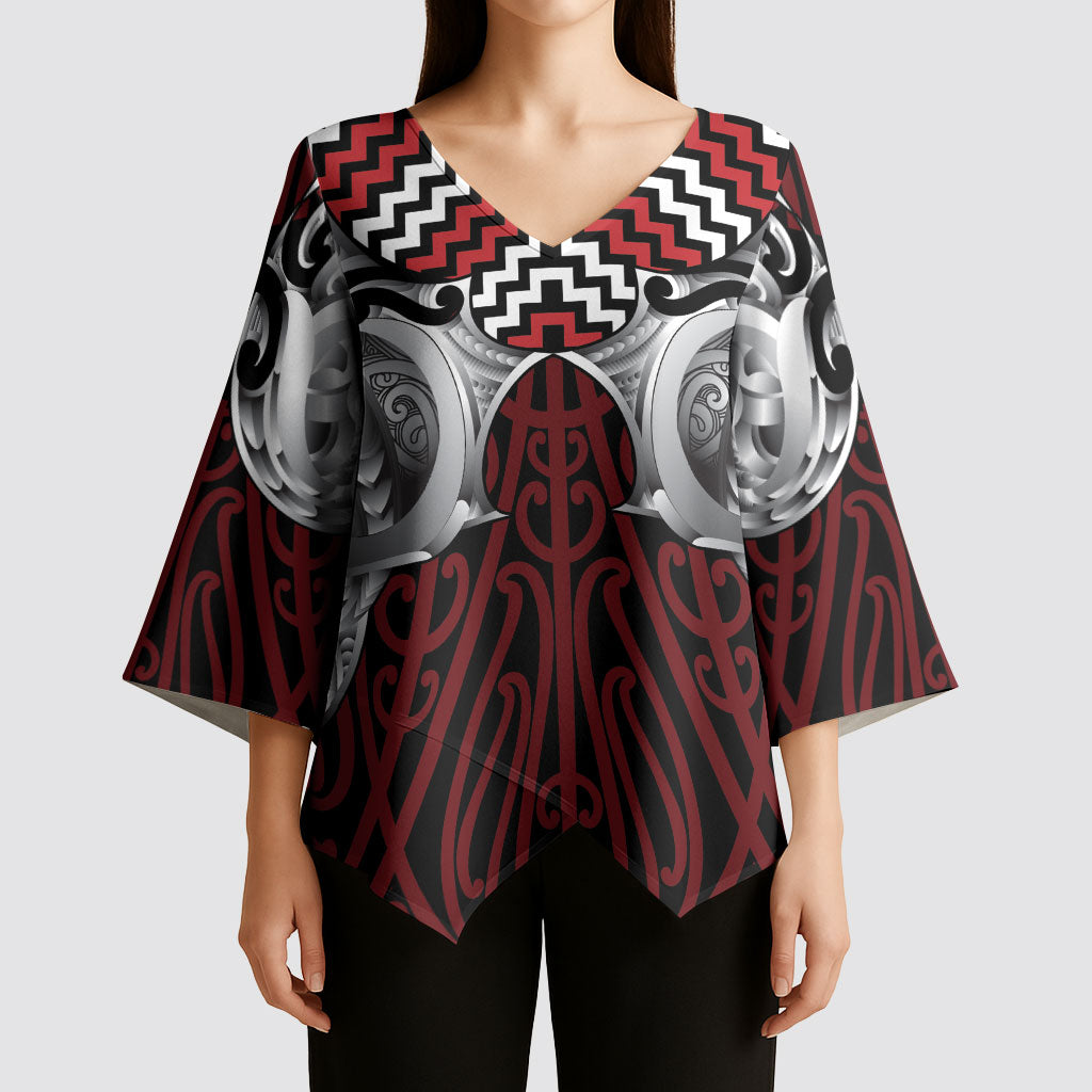 Aotearoa Kowhaiwhai Poutama Red Motif Kimono Sleeve Blouse LT9 - Polynesian Pride