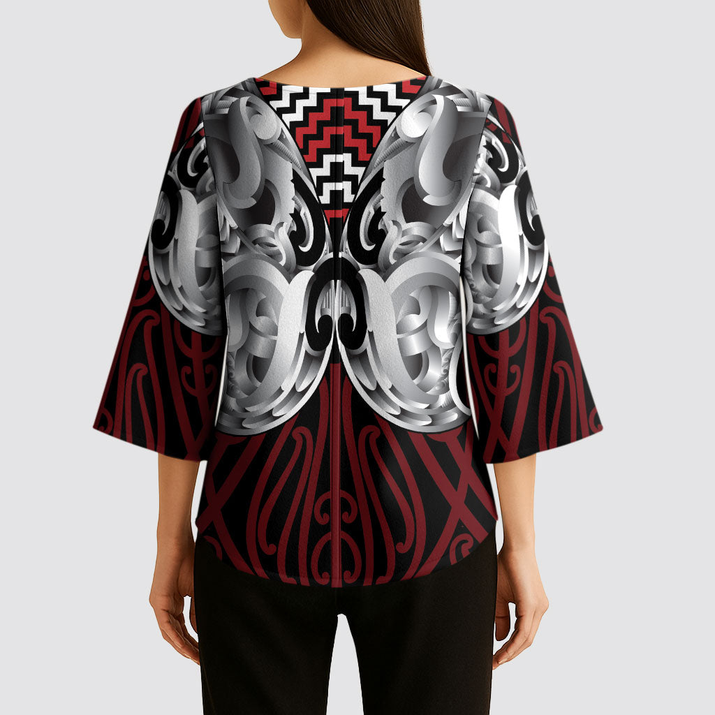 Aotearoa Kowhaiwhai Poutama Red Motif Kimono Sleeve Blouse LT9 - Polynesian Pride