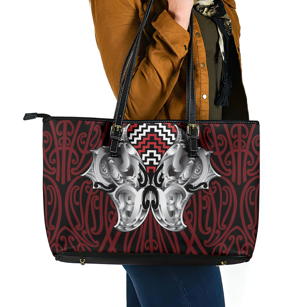 Aotearoa Kowhaiwhai Poutama Red Motif Leather Tote Bag LT9 - Polynesian Pride