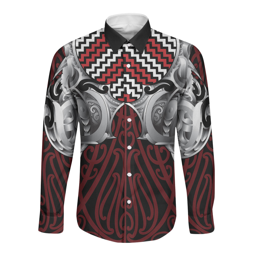 Aotearoa Kowhaiwhai Poutama Red Motif Long Sleeve Button Shirt