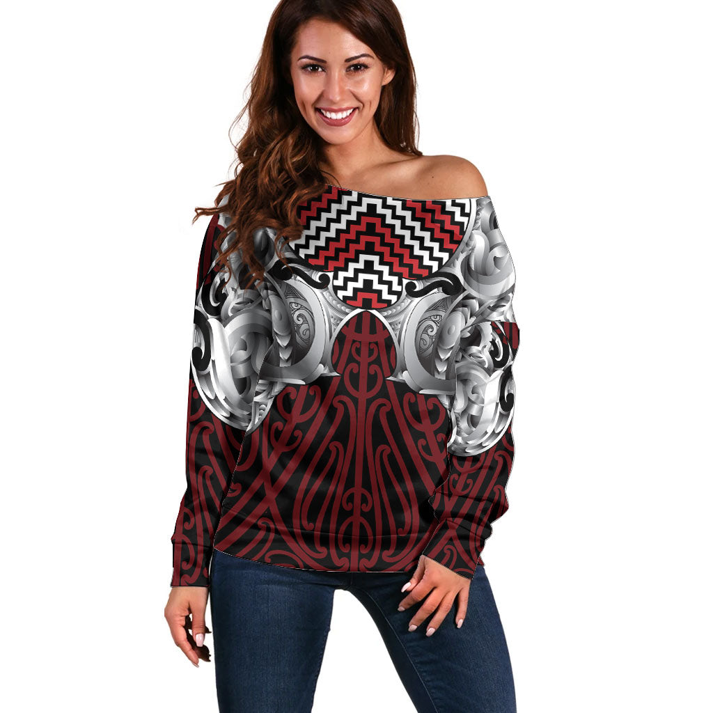 Aotearoa Kowhaiwhai Poutama Red Motif Off Shoulder Sweater LT9 Women Red - Polynesian Pride