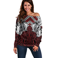 Aotearoa Kowhaiwhai Poutama Red Motif Off Shoulder Sweater LT9 Women Red - Polynesian Pride