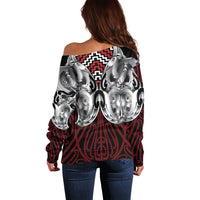 Aotearoa Kowhaiwhai Poutama Red Motif Off Shoulder Sweater LT9 - Polynesian Pride