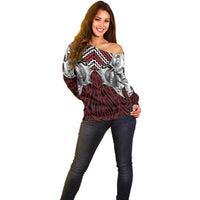 Aotearoa Kowhaiwhai Poutama Red Motif Off Shoulder Sweater LT9 - Polynesian Pride