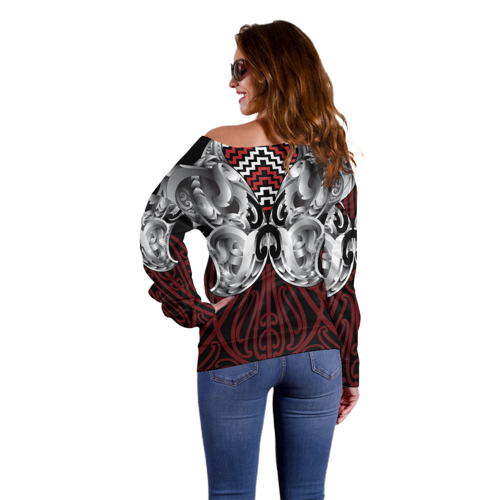 Aotearoa Kowhaiwhai Poutama Red Motif Off Shoulder Sweater LT9 - Polynesian Pride
