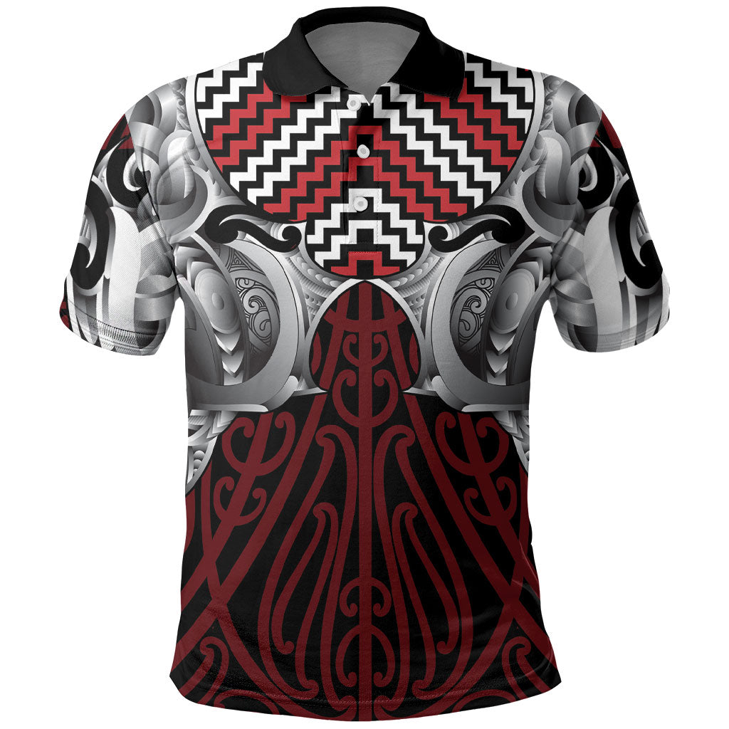 Aotearoa Kowhaiwhai Poutama Red Motif Polo Shirt LT9 Red - Polynesian Pride