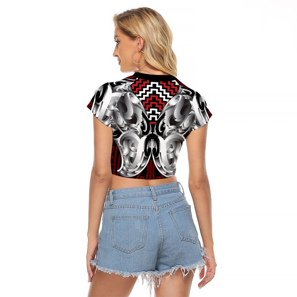 Aotearoa Kowhaiwhai Poutama Red Motif Raglan Cropped T Shirt LT9 - Polynesian Pride