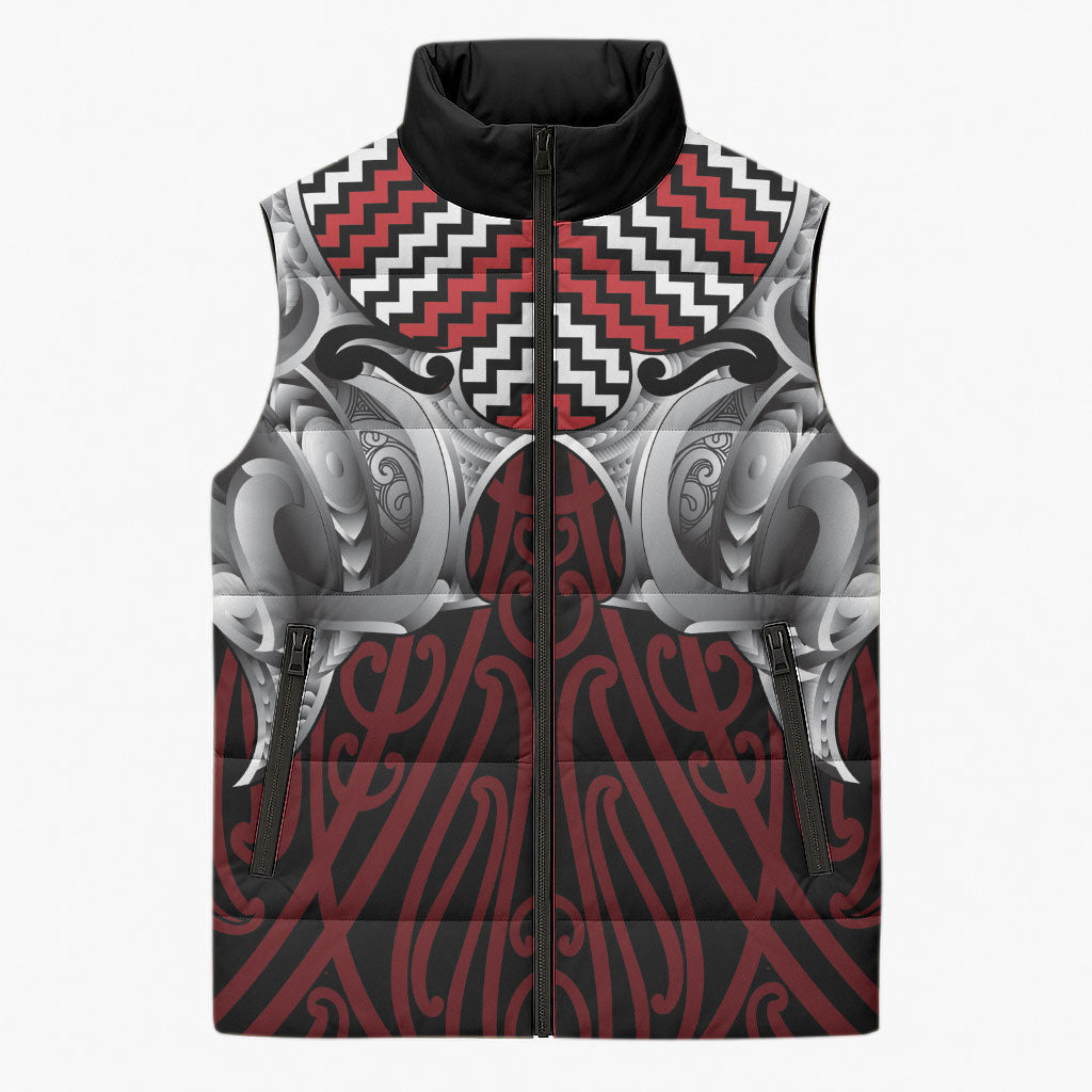 Aotearoa Kowhaiwhai Poutama Red Motif Sleeveless Puffer Jacket LT9 Unisex Red - Polynesian Pride