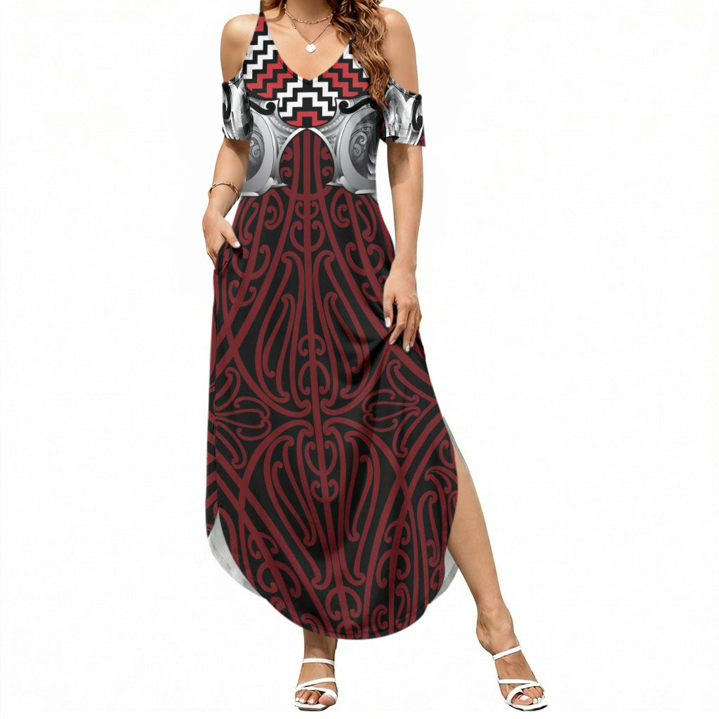 Aotearoa Kowhaiwhai Poutama Red Motif Summer Maxi Dress LT9 Women Red - Polynesian Pride