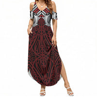 Aotearoa Kowhaiwhai Poutama Red Motif Summer Maxi Dress LT9 Women Red - Polynesian Pride