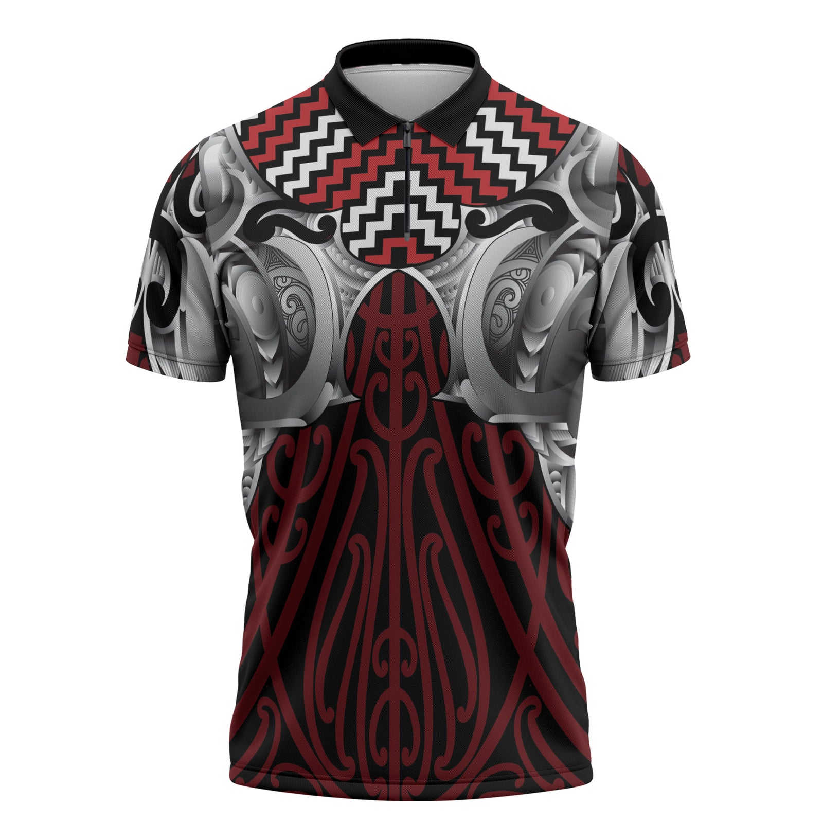 Aotearoa Kowhaiwhai Poutama Red Motif Zipper Polo Shirt