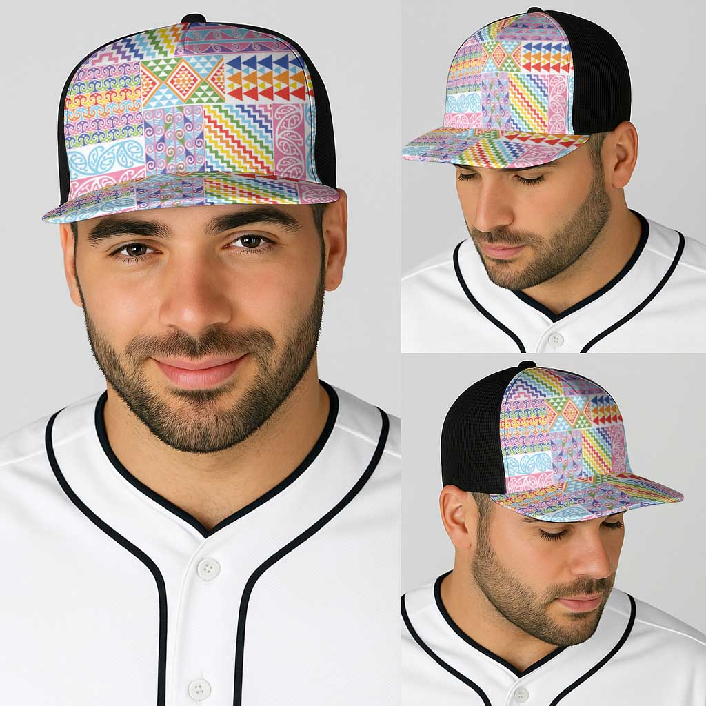 Aotearoa Kowhaiwhai Taniko Patchwork Rainbow Motifs Baseball Net Cap