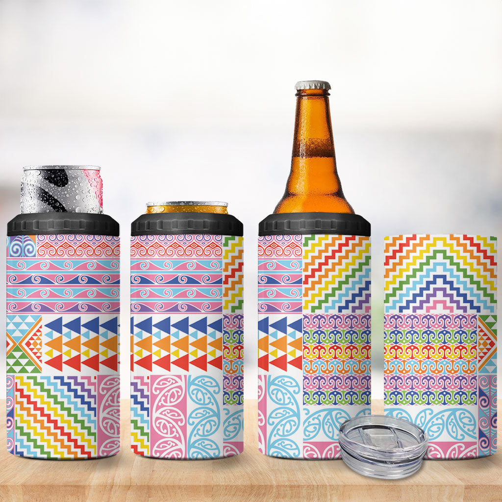 Aotearoa Kowhaiwhai Taniko Patchwork Rainbow Motifs 4 in 1 Can Cooler Tumbler LT9 - Polynesian Pride