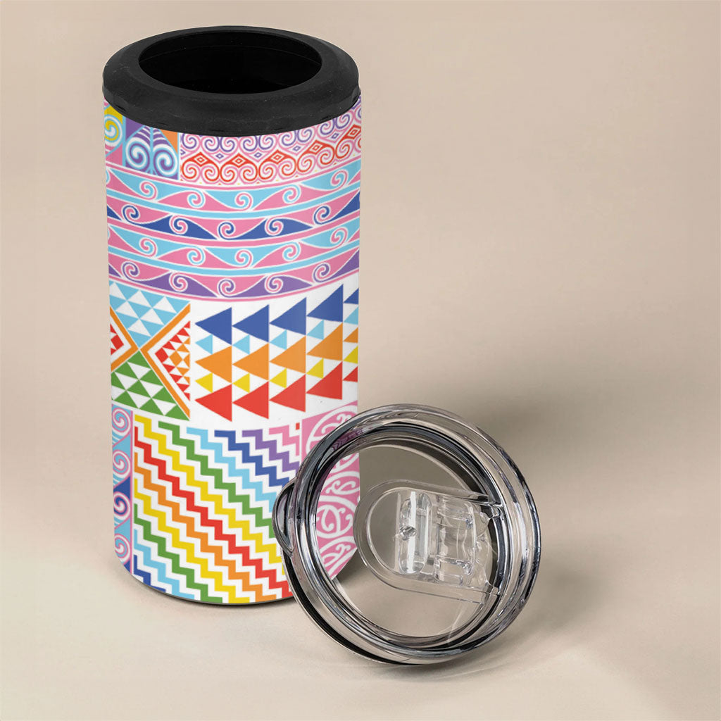 Aotearoa Kowhaiwhai Taniko Patchwork Rainbow Motifs 4 in 1 Can Cooler Tumbler LT9 - Polynesian Pride