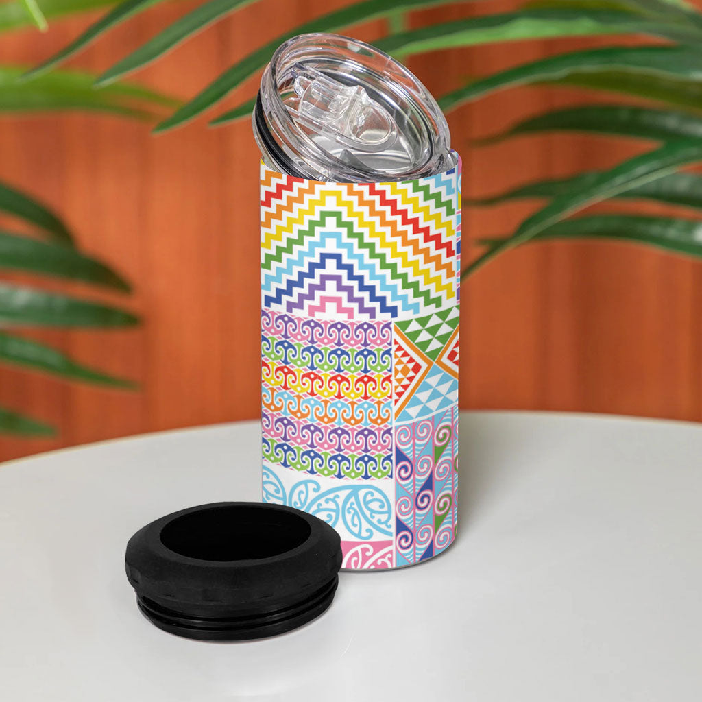 Aotearoa Kowhaiwhai Taniko Patchwork Rainbow Motifs 4 in 1 Can Cooler Tumbler LT9 - Polynesian Pride
