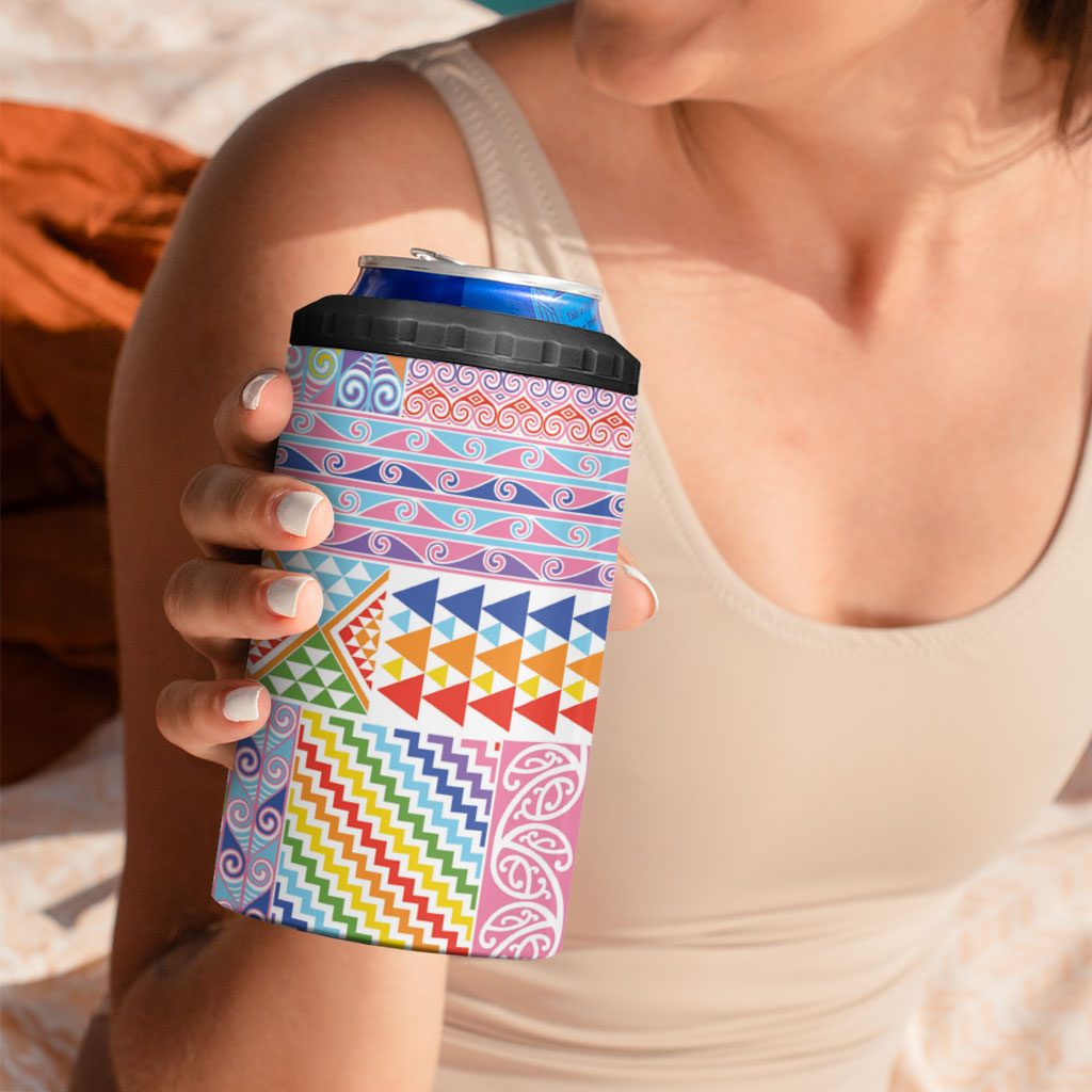 Aotearoa Kowhaiwhai Taniko Patchwork Rainbow Motifs 4 in 1 Can Cooler Tumbler LT9 - Polynesian Pride