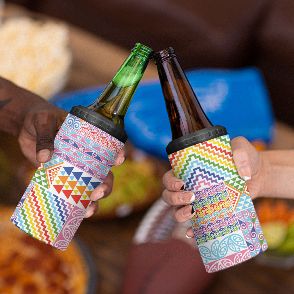 Aotearoa Kowhaiwhai Taniko Patchwork Rainbow Motifs 4 in 1 Can Cooler Tumbler LT9 - Polynesian Pride