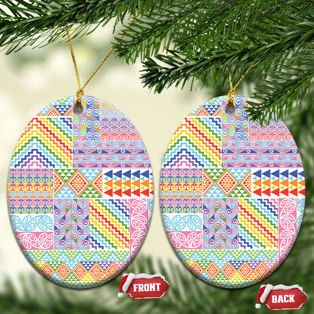 Aotearoa Kowhaiwhai Taniko Patchwork Rainbow Motifs Ceramic Ornament
