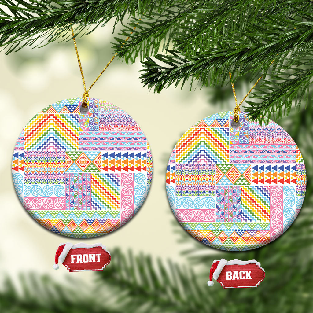 Aotearoa Kowhaiwhai Taniko Patchwork Rainbow Motifs Ceramic Ornament