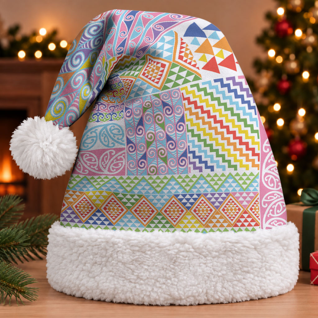 Aotearoa Kowhaiwhai Taniko Patchwork Rainbow Motifs Christmas Santa Hat LT9 With Fur Rainbow - Polynesian Pride