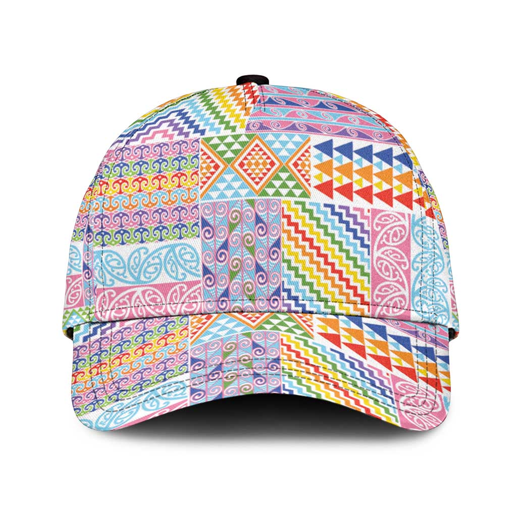 Aotearoa Kowhaiwhai Taniko Patchwork Rainbow Motifs Classic Cap LT9 Universal Fit Rainbow - Polynesian Pride