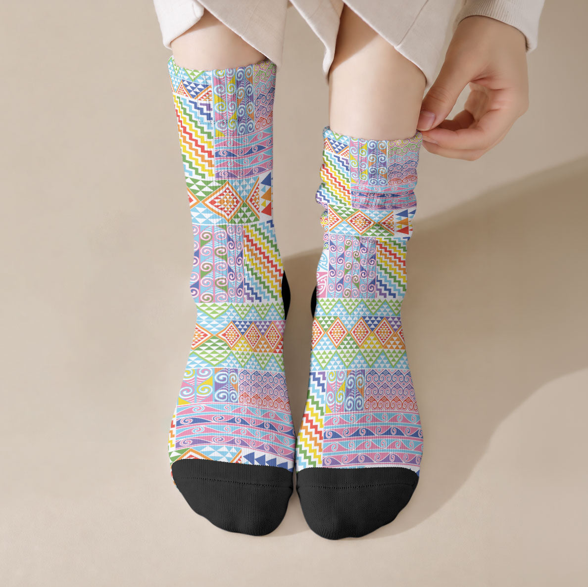 Aotearoa Kowhaiwhai Taniko Patchwork Rainbow Motifs Crew Socks LT9 Crew Socks Rainbow - Polynesian Pride
