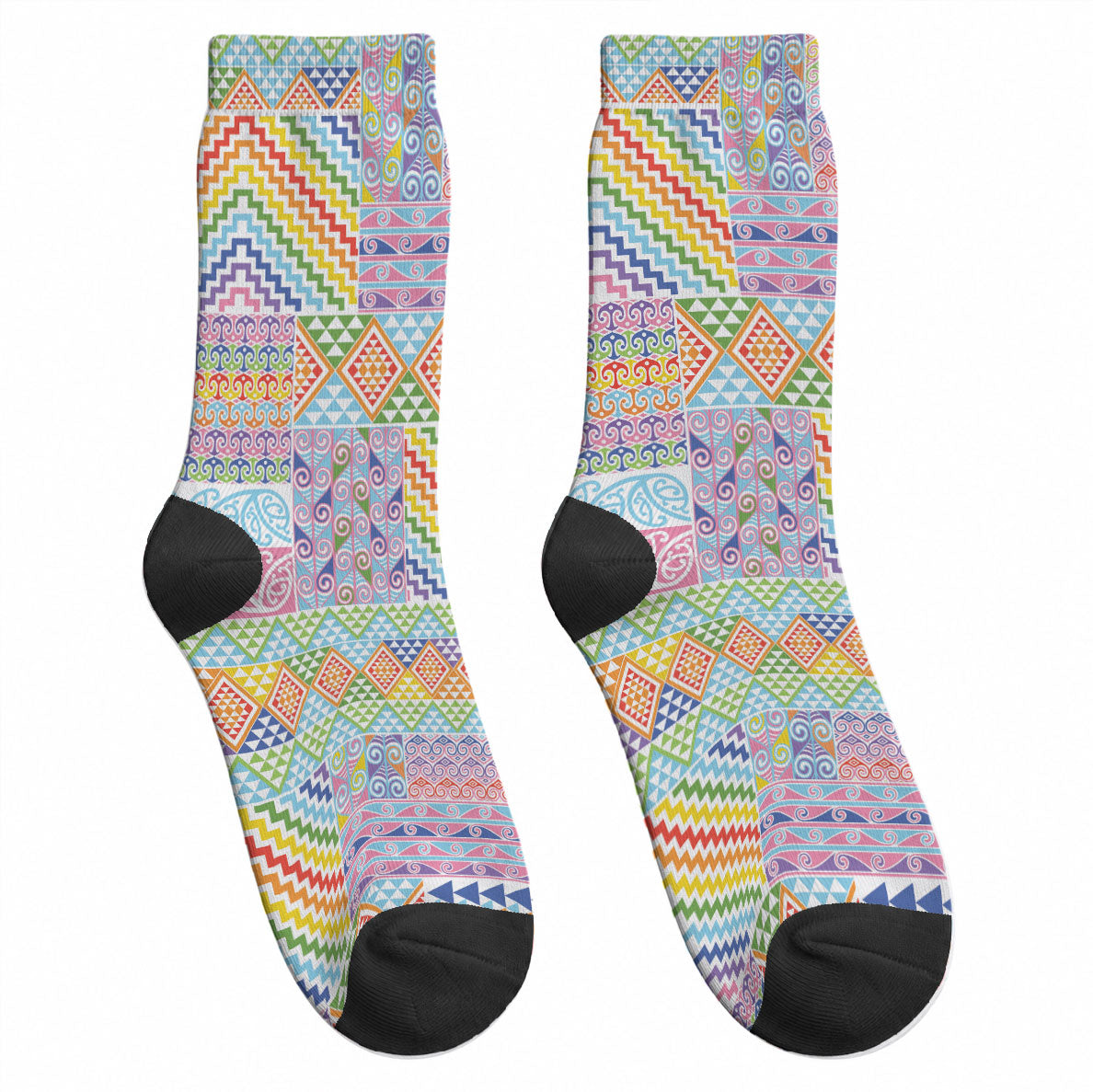 Aotearoa Kowhaiwhai Taniko Patchwork Rainbow Motifs Crew Socks LT9 - Polynesian Pride