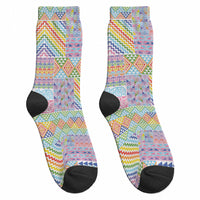 Aotearoa Kowhaiwhai Taniko Patchwork Rainbow Motifs Crew Socks LT9 - Polynesian Pride