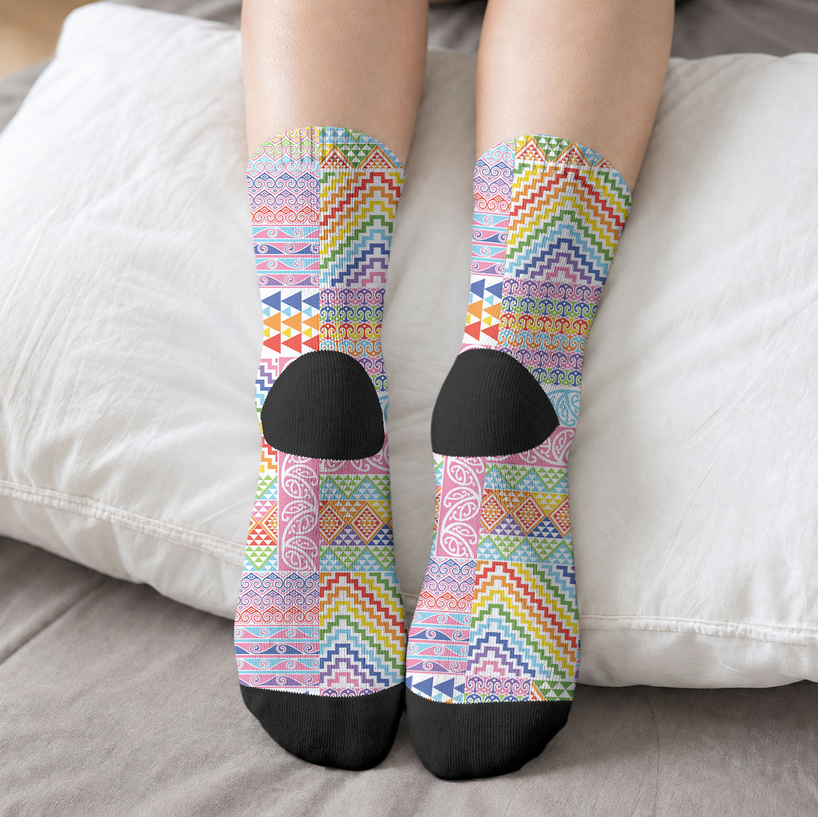 Aotearoa Kowhaiwhai Taniko Patchwork Rainbow Motifs Crew Socks LT9 - Polynesian Pride
