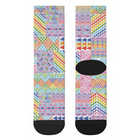 Aotearoa Kowhaiwhai Taniko Patchwork Rainbow Motifs Crew Socks LT9 - Polynesian Pride