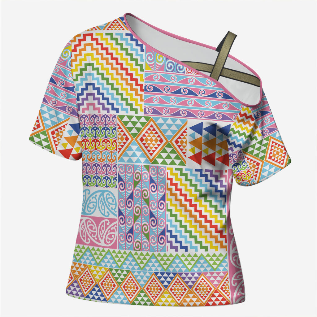 Aotearoa Kowhaiwhai Taniko Patchwork Rainbow Motifs Cross Shoulder Shirt