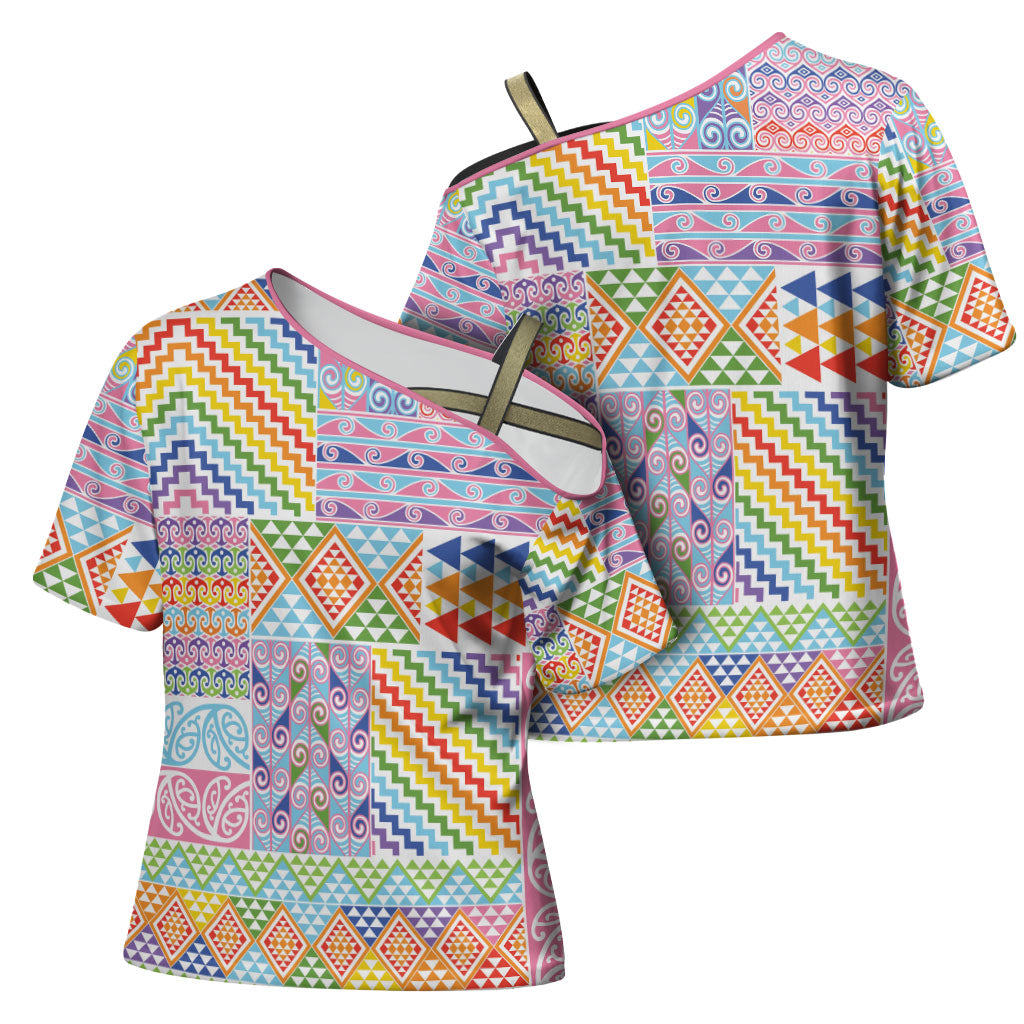 Aotearoa Kowhaiwhai Taniko Patchwork Rainbow Motifs Cross Shoulder Shirt