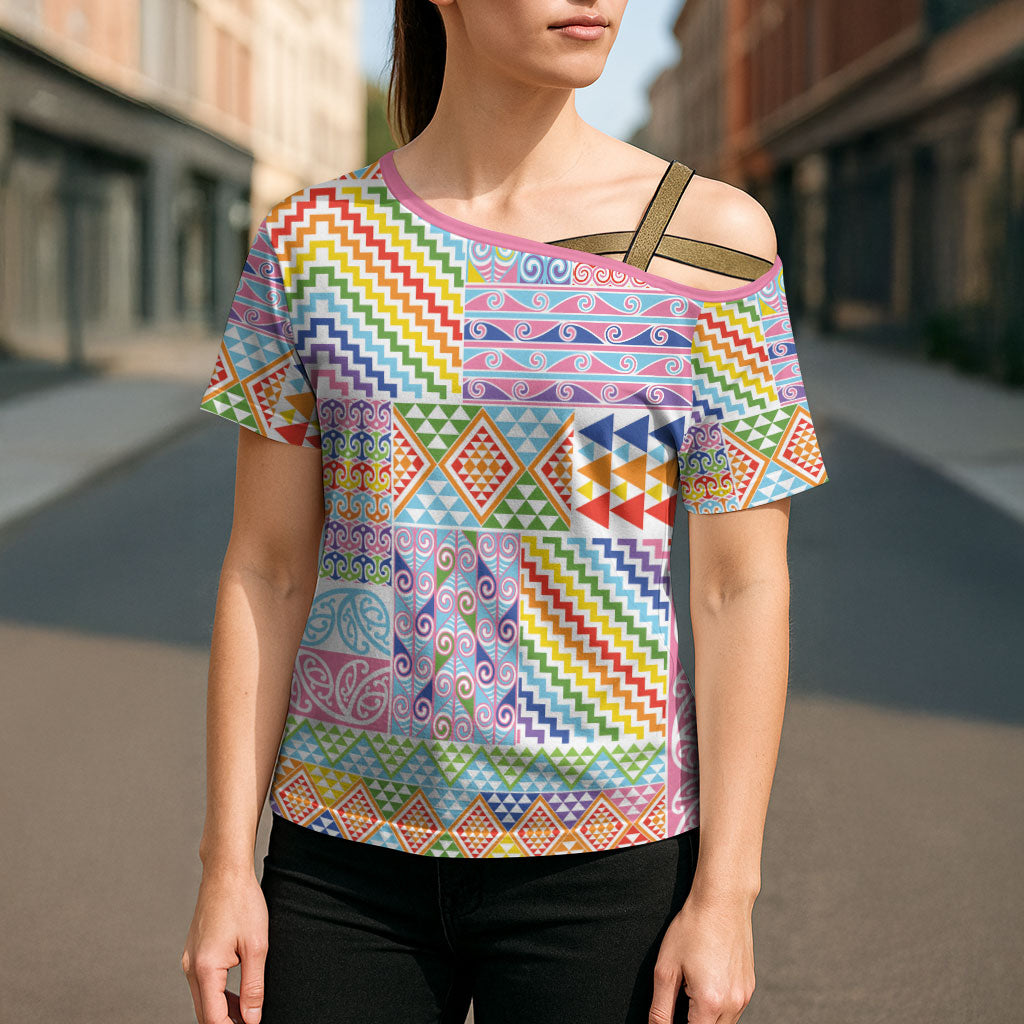 Aotearoa Kowhaiwhai Taniko Patchwork Rainbow Motifs Cross Shoulder Shirt