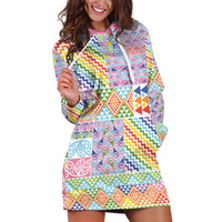 Aotearoa Kowhaiwhai Taniko Patchwork Rainbow Motifs Hoodie Dress LT9 Rainbow - Polynesian Pride