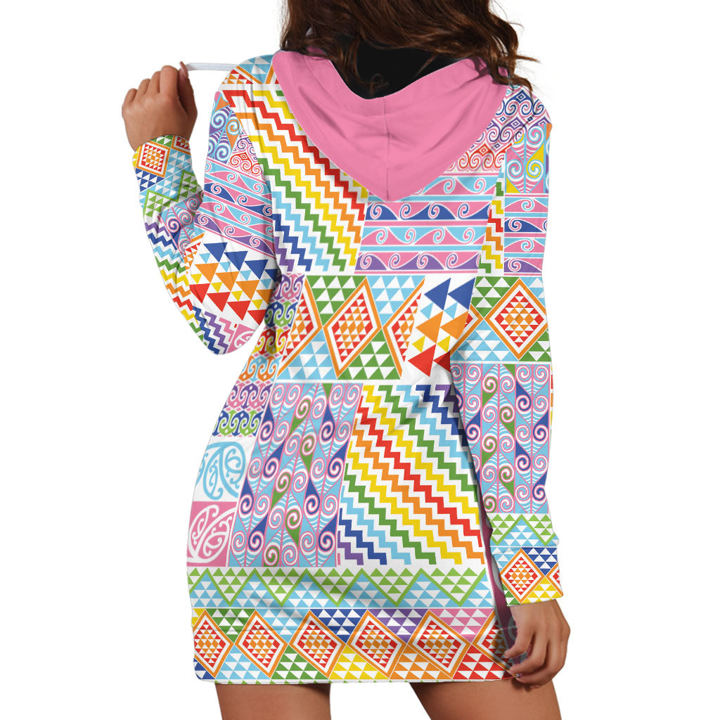 Aotearoa Kowhaiwhai Taniko Patchwork Rainbow Motifs Hoodie Dress LT9 - Polynesian Pride