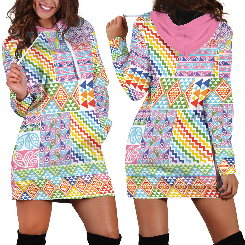 Aotearoa Kowhaiwhai Taniko Patchwork Rainbow Motifs Hoodie Dress LT9 - Polynesian Pride