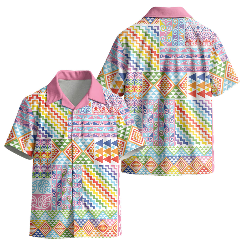 Aotearoa Kowhaiwhai Taniko Patchwork Rainbow Motifs Kid Hawaiian Shirt LT9 - Polynesian Pride