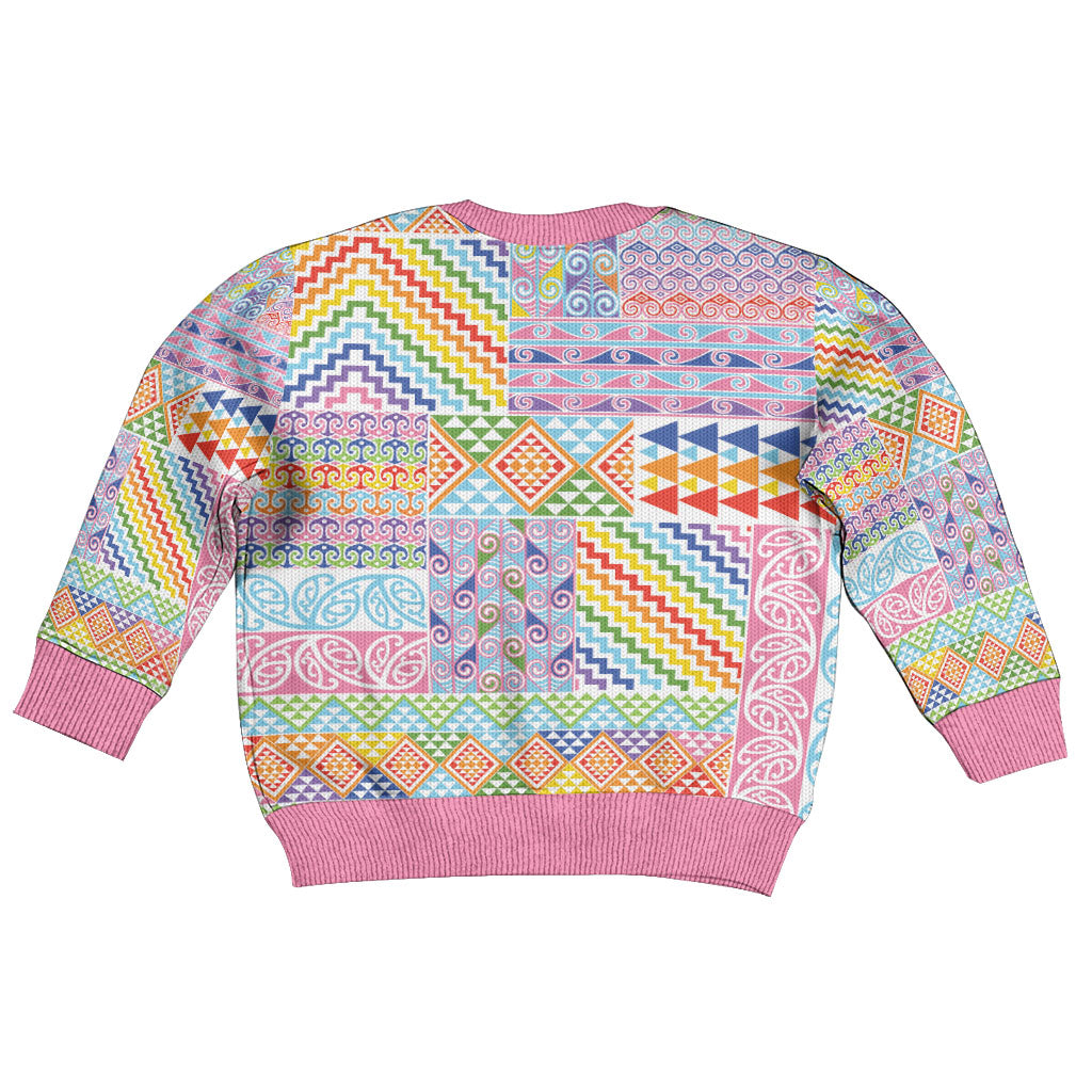 Aotearoa Kowhaiwhai Taniko Patchwork Rainbow Motifs Kid Ugly Christmas Sweater LT9 - Polynesian Pride