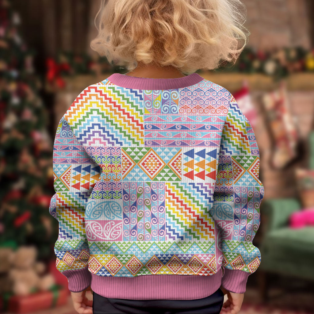 Aotearoa Kowhaiwhai Taniko Patchwork Rainbow Motifs Kid Ugly Christmas Sweater LT9 - Polynesian Pride
