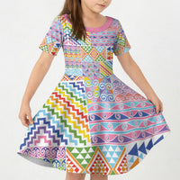 Aotearoa Kowhaiwhai Taniko Patchwork Rainbow Motifs Kid Short Sleeve Dress LT9 KID Rainbow - Polynesian Pride