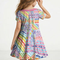 Aotearoa Kowhaiwhai Taniko Patchwork Rainbow Motifs Kid Short Sleeve Dress LT9 - Polynesian Pride