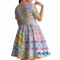 Aotearoa Kowhaiwhai Taniko Patchwork Rainbow Motifs Kid Short Sleeve Dress LT9 - Polynesian Pride