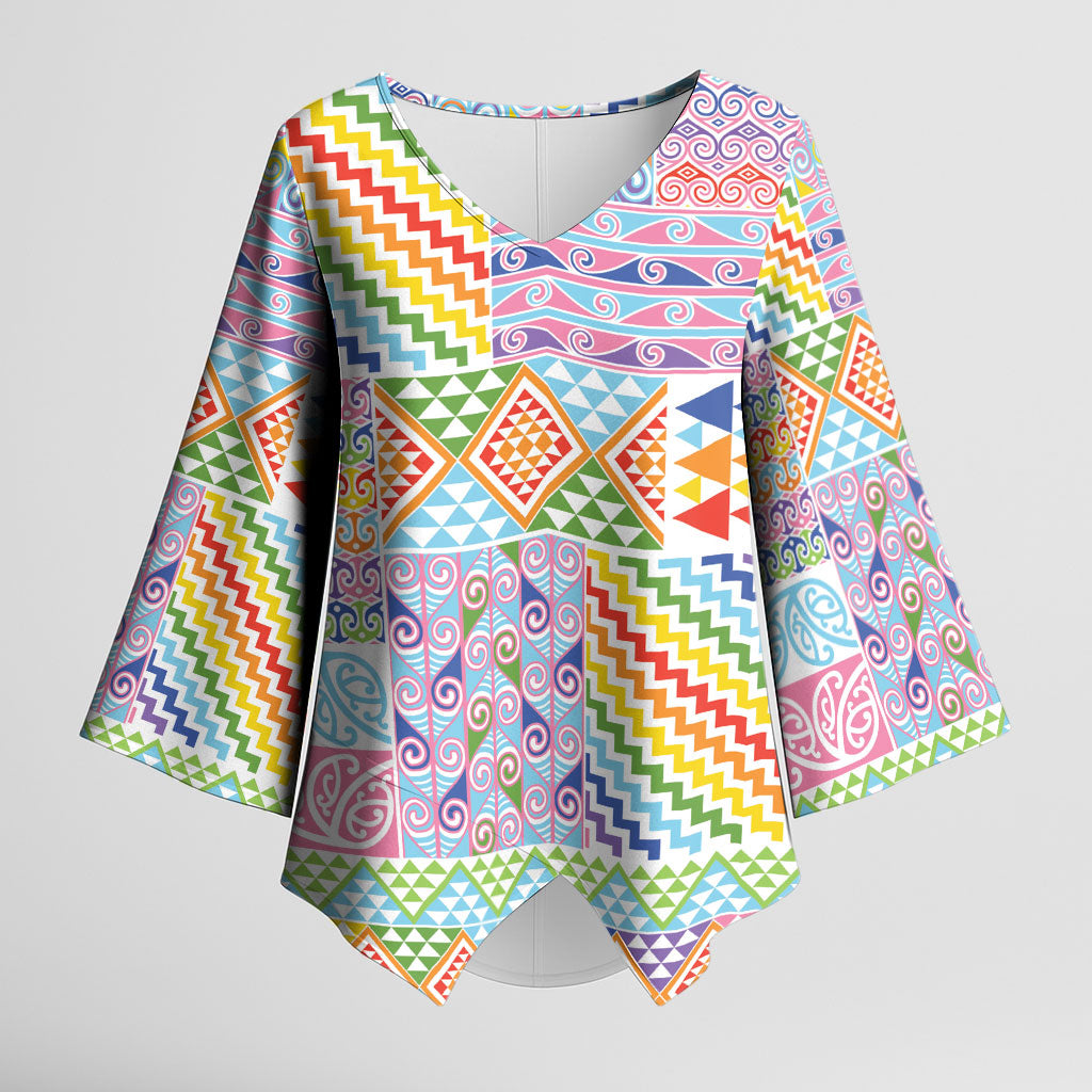 Aotearoa Kowhaiwhai Taniko Patchwork Rainbow Motifs Kimono Sleeve Blouse LT9 Female Rainbow - Polynesian Pride