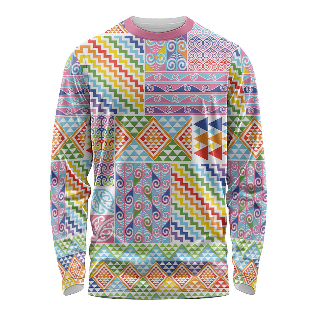 Aotearoa Kowhaiwhai Taniko Patchwork Rainbow Motifs Long Sleeve Shirt LT9 Unisex Rainbow - Polynesian Pride